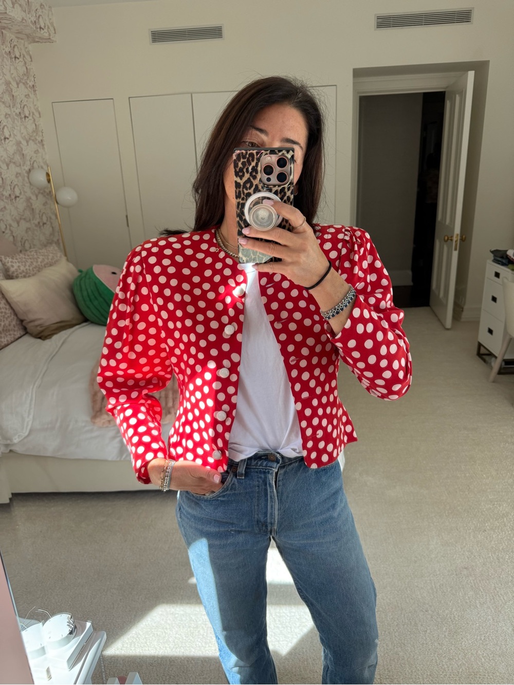 Albert Nipon Polka Dot Cropped Jacket - Red & White